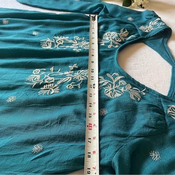 Women’s Embroidered Boho Mini Dress Teal Long Puff Sleeve - Picture 4 of 13